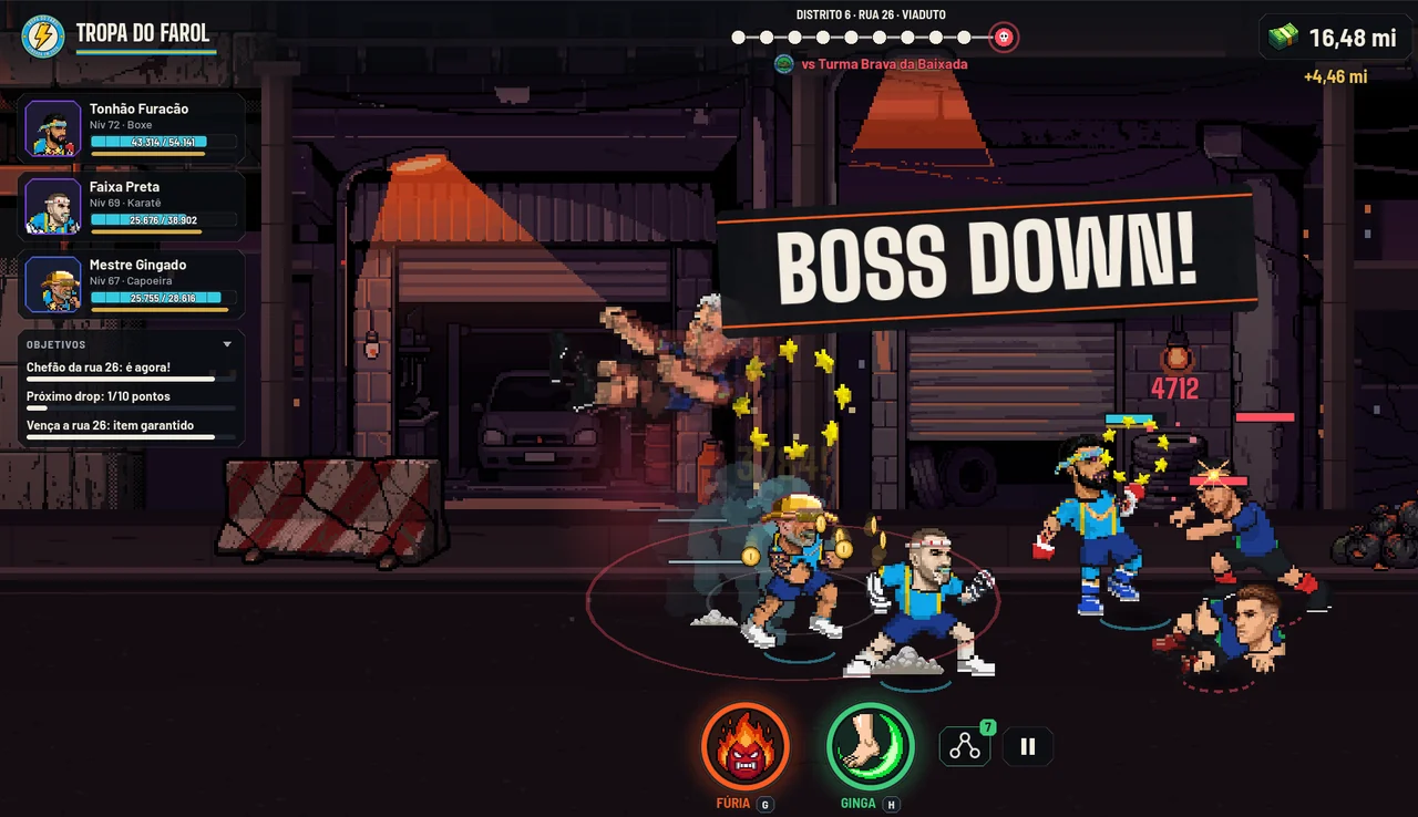 O aviso BOSS DOWN! marca a queda do chefão da rua, com o bonde ainda em luta.