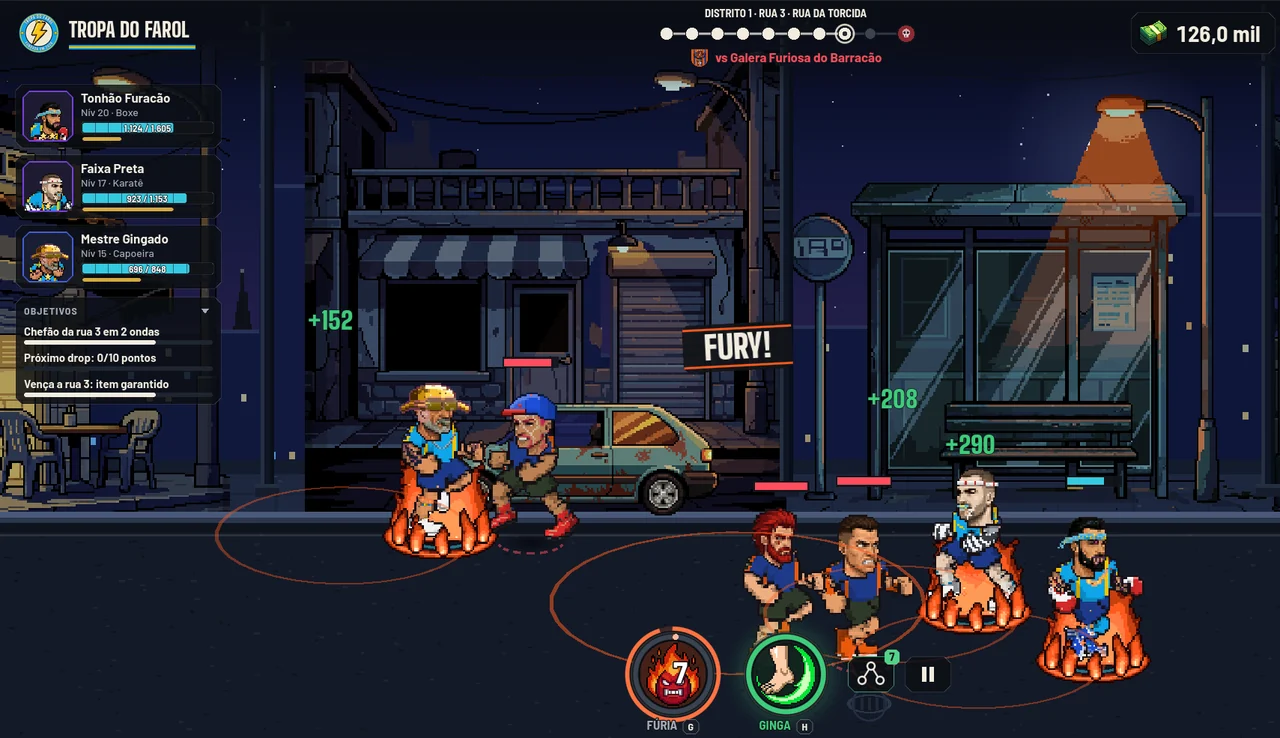 O bonde usa a Fúria: o grito FURY! aparece sobre a luta, círculos de fogo se abrem sob os brigões e o botão do poder começa a recarregar.